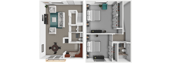 a 3D floor plan for a 2 bedroom home with 1.5 bathrooms.
