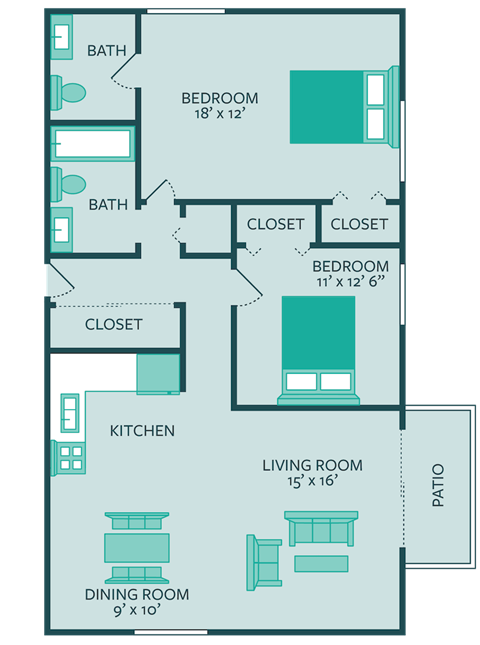two bed one and a half bath floor plan at forest park apartments