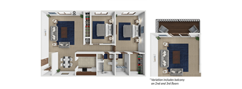 A diagram shows three different layouts for a small apartment.