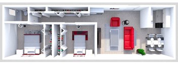 a 3d rendering of a white house with red furniture