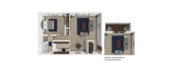A 3D floor plan of a house with a balcony on the second and third floors.