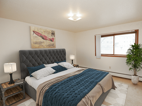 a bedroom with a large bed and a window