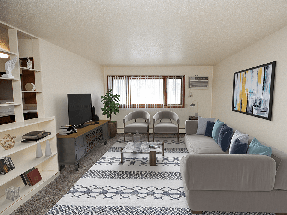 apartment living room with a couch and chairs