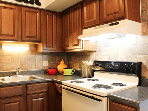 a kitchen with a stove and a sink