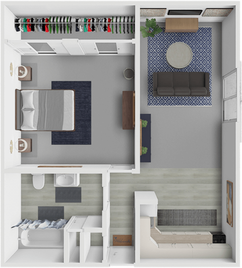 a floor plan of a bedroom with a bathroom and a living room