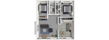 a 3d rendering of a bedroom and bathroom floor plan