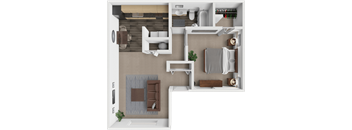 a 3d drawing of one bedroom and one  bathroom and a living room