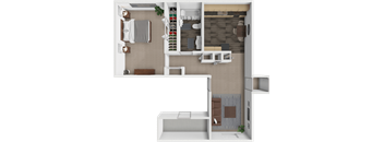 a 3d rendering of a floor plan with a bedroom and a bathroom