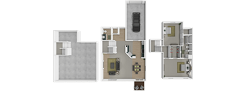 A 3D floor plan of at 3-floor townhouse at Mariposa Townhomes.
