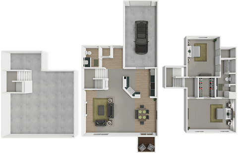 A 3D floor plan of at 3-floor townhouse at Mariposa Townhomes.