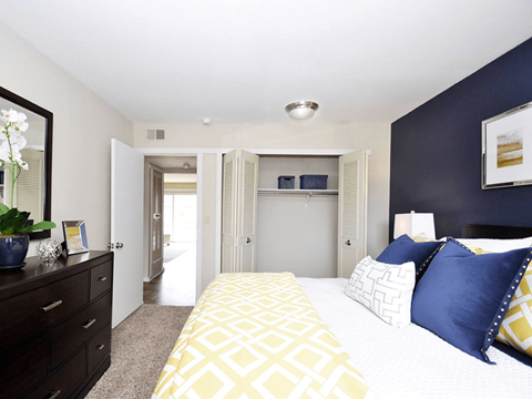 a bedroom with a bed and a closet