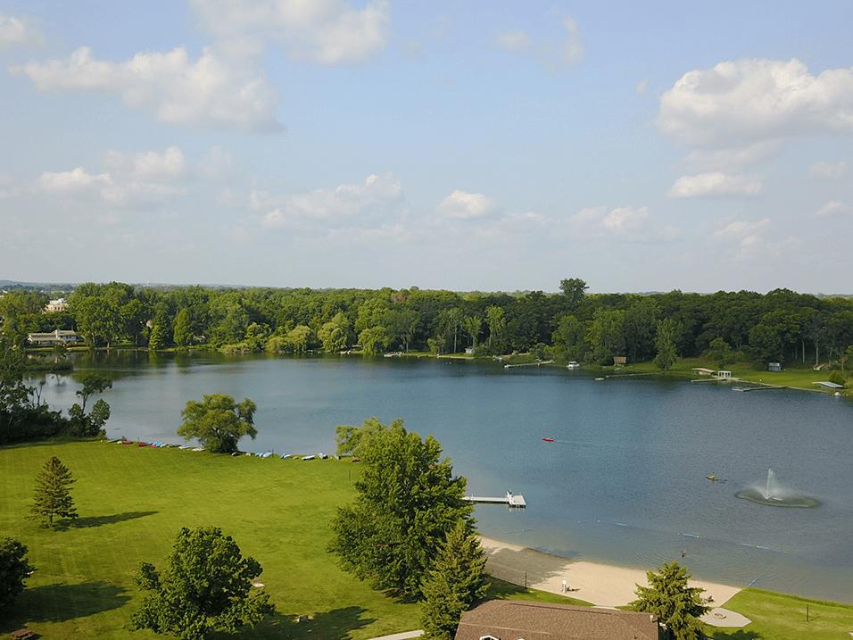 aerial view of lamebrton lake in northeast grand rapids