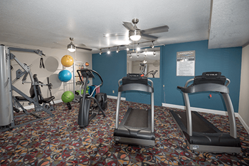 a gym with exercise equipment and a ceiling fan in lamberton lake apartments