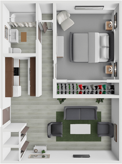 1 bed 1 bath floor plan at Leisure Apartments