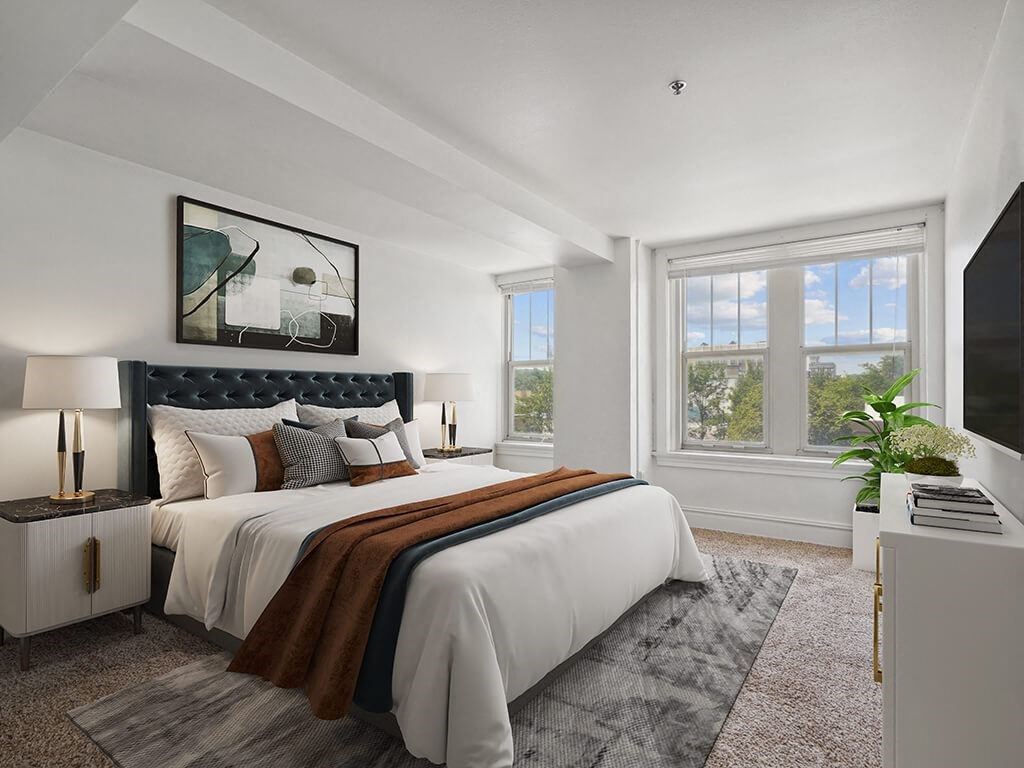 bedroom with a bed with big window