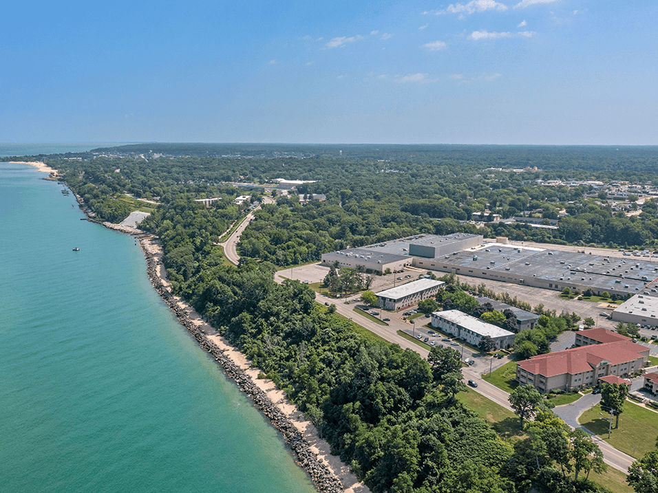 arial view of the campus with lake michigan the background