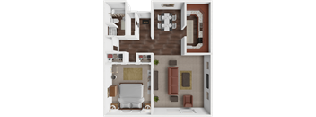 a 3d rendering of a 1 bedroom 1 bathroom apartment at Les Chateaux Apartments