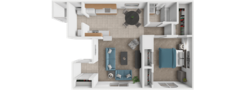 A 3D rendered image of a modern kitchen and living room.