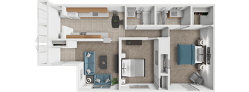 A 3D rendered image of a modern apartment layout.