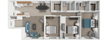 A top-down view of a small apartment with a kitchen, living room, and bathroom.