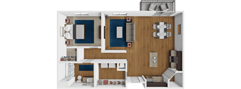 A 3D rendered image of a modern apartment layout.