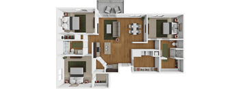 A 3D floor plan of a house with a living room, kitchen, and dining area.