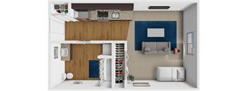 A 3D rendered image of a modern living room and kitchen area.