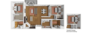 A detailed 3D floor plan of a two-bedroom apartment.