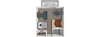A 3D rendered image of a small apartment layout.