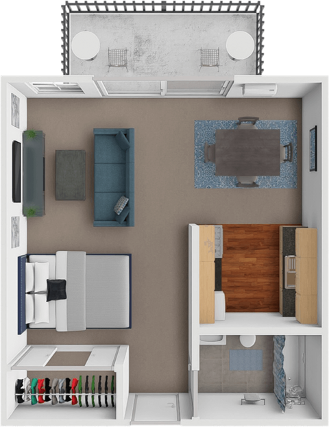 A 3D rendered image of a small apartment layout.