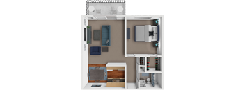 A 3D rendered image of a small apartment layout.