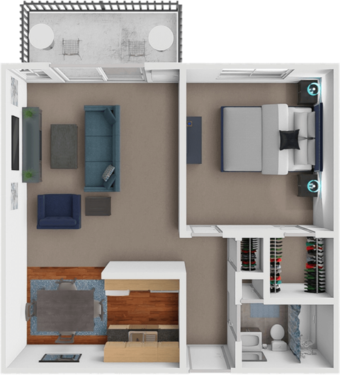A 3D rendered image of a small apartment layout.