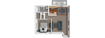 A 3D rendered image of a modern bedroom with a bed, nightstand, and a small kitchen area.