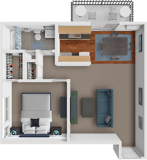 A 3D rendered image of a modern bedroom with a bed, nightstand, and a small kitchen area.