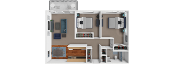 A 3D rendered image of a small apartment layout.