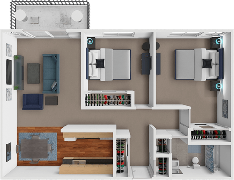 A 3D rendered image of a small apartment layout.