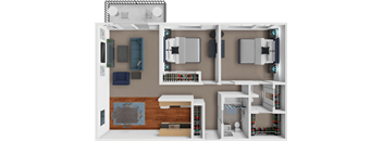 A 3D rendered image of a small apartment layout.
