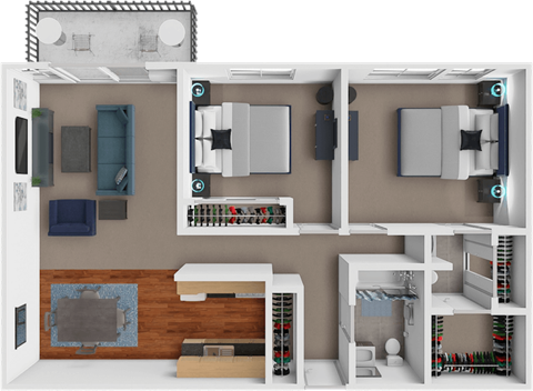 A 3D rendered image of a small apartment layout.