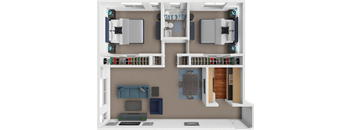 A 3D rendered image of a modern apartment layout.