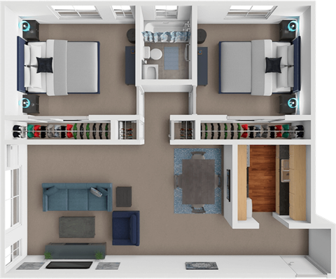 A 3D rendered image of a modern apartment layout.