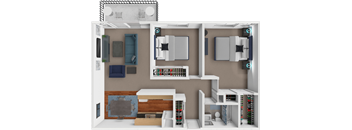 A 3D floor plan of a house with a kitchen, living room, and bedrooms.