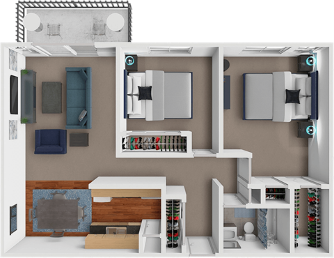 A 3D floor plan of a house with a kitchen, living room, and bedrooms.