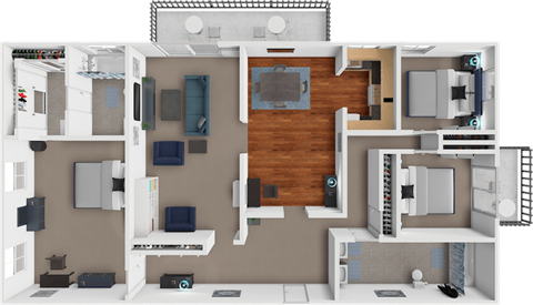 A detailed 3D floor plan of a house showing all rooms and their layouts.