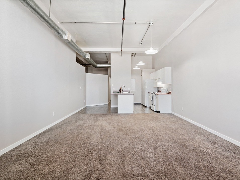 loft living room with white walls and a carpeted floor