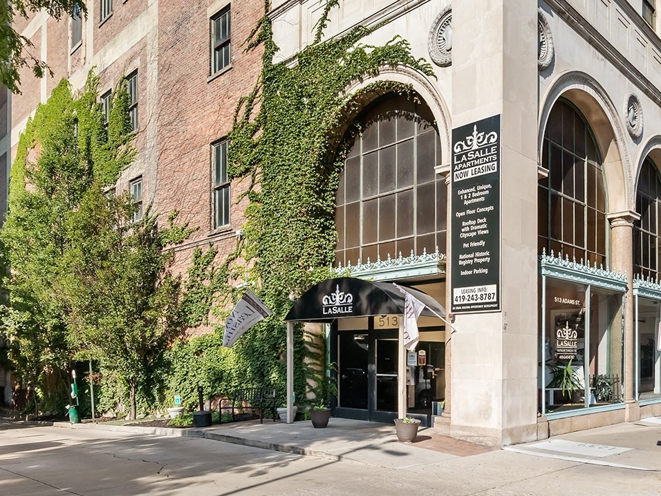 the front of apartment building