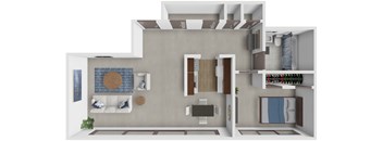 A 3D rendered image of a modern apartment layout.
