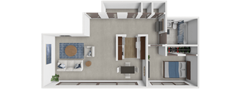A 3D rendered image of a modern apartment layout.