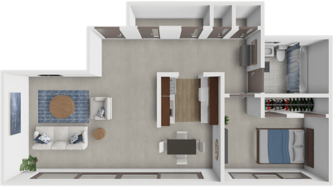 A 3D rendered image of a modern apartment layout.