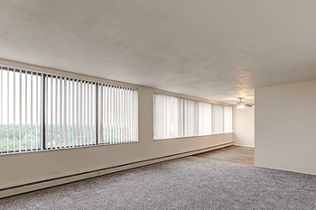 A room with a carpeted floor and a large window with blinds.
