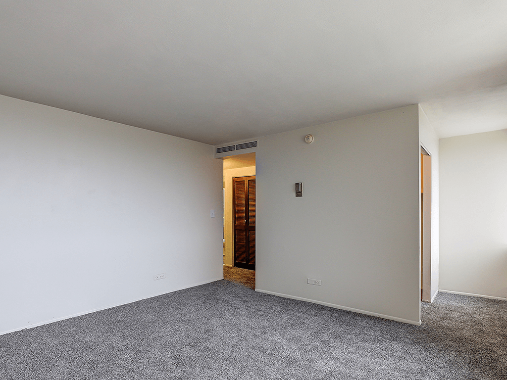 A room with a carpeted floor and a door in the background.